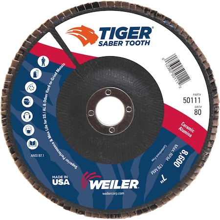 Weiler 7" Tiger Ceramic Abrasive Flap Disc, Angled (TY29), 80C, 7/8" 50111